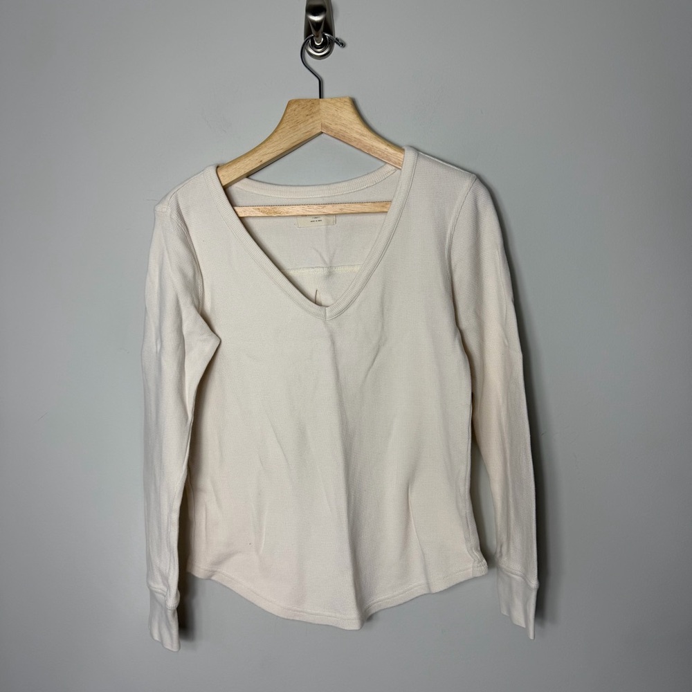 The Normal Brand Thermal Waffle Knit Long Sleeve Cream Tee Shirt V-Neck 138